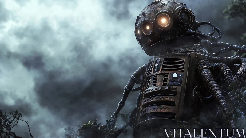 Rusty multi-eyed robot stands in misty forest clearing