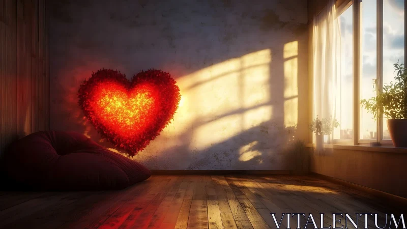 Glowing Red Heart in Sunlit Room with Warm Atmospheric Light