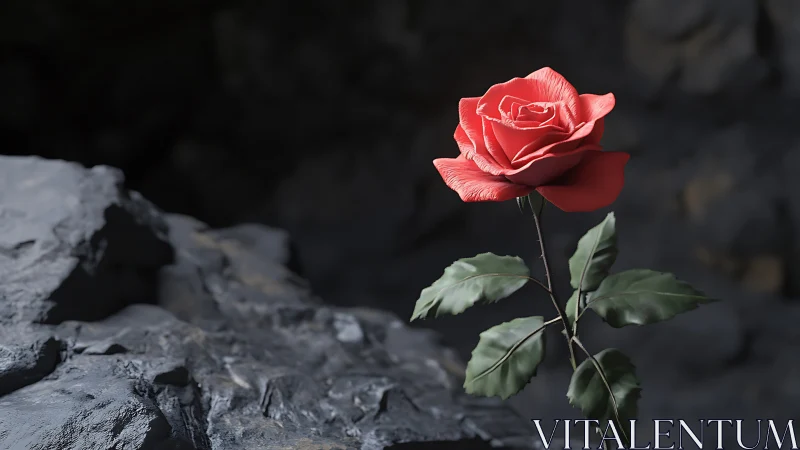 Red Rose Against Dark Stone Background.