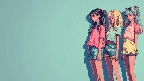 Three stylized girls standing against plain teal wall.