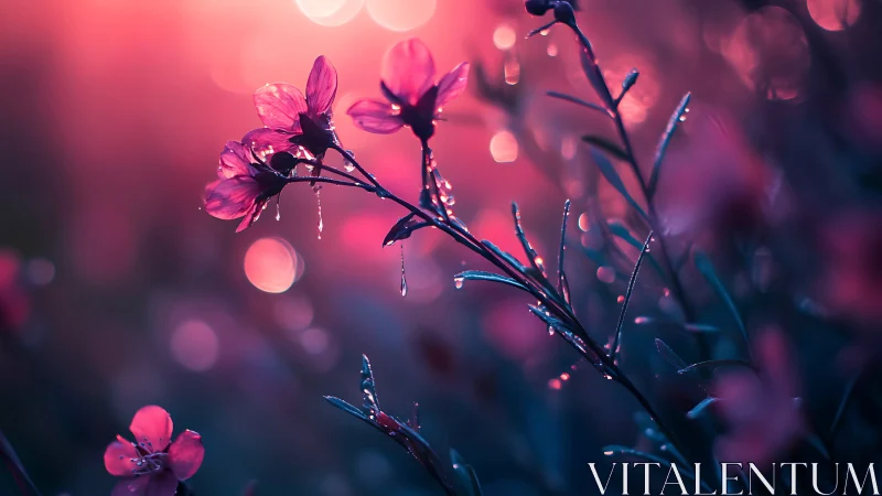 Macro Floral with Crystalline Frost: Deep Pink Blossoms in Bokeh Luminescence