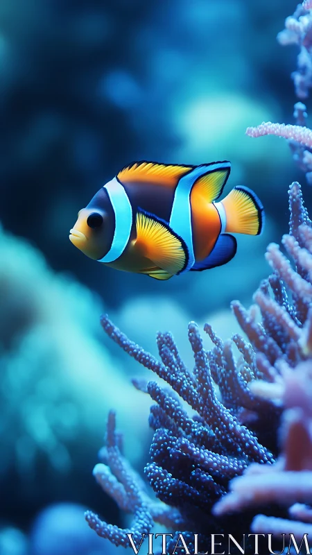 Clownfish swims above blue coral in soft-focused reef scene