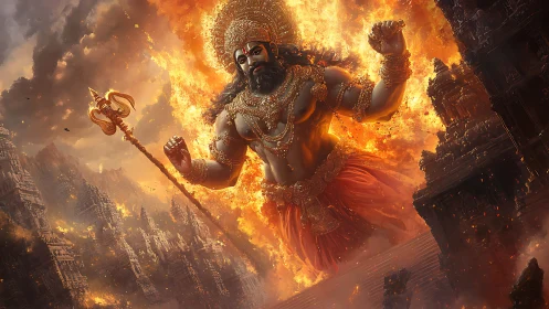 Colossal mythic figure advances through burning temple city