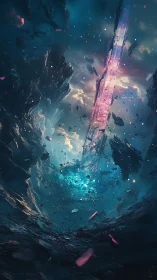 Vertical crystalline monolith in fragmented cosmic cavern.