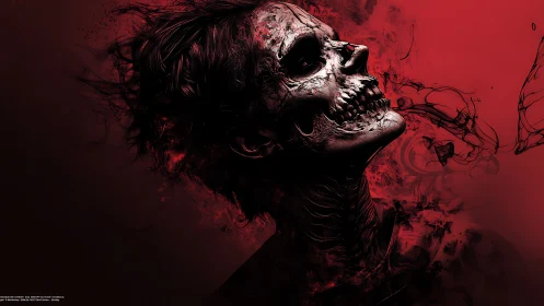 Digital painting of skeletal portrait in red atmospheric void.