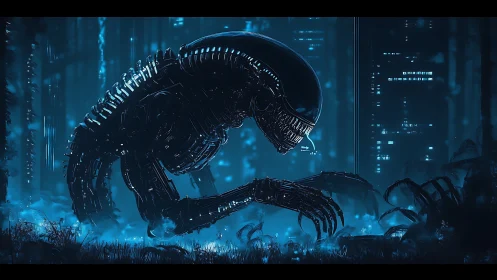 Biomechanical creature kneels in blue lit futuristic forest