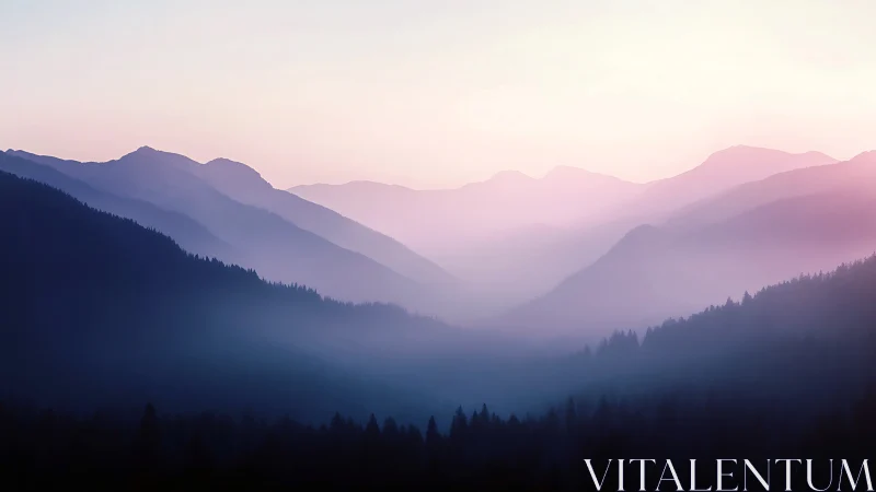 Soft dawn light drapes layered mountain ridges in mist