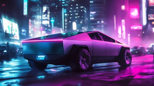 Futuristic pickup truck on neon lit wet city street at night.