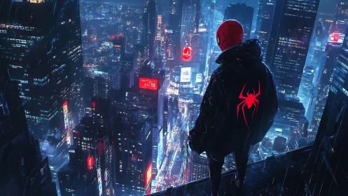 Urban spider-hero overlooking neon-soaked futuristic skyline.