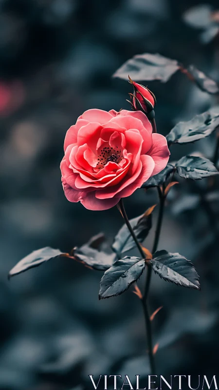 Coral Rose with Red Bud Against Dark Foliage.