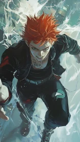 Red haired character sprints forward through splashing water