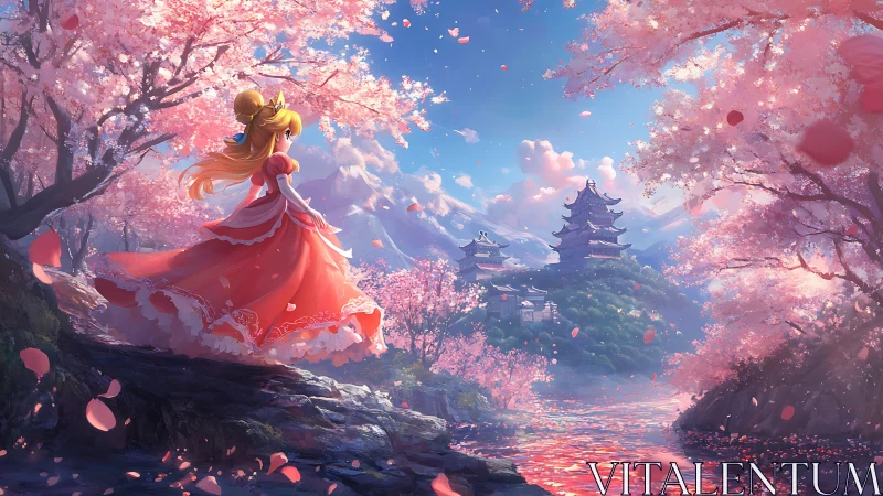 Princess figure observes cherry blossom valley and distant castle