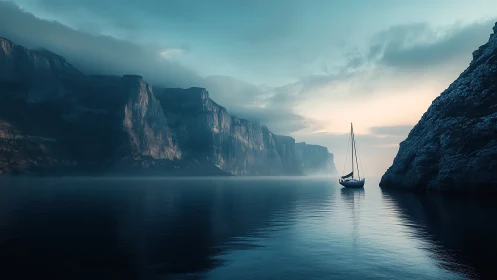 Solitary sailboat in narrow misty fjord at sunrise.