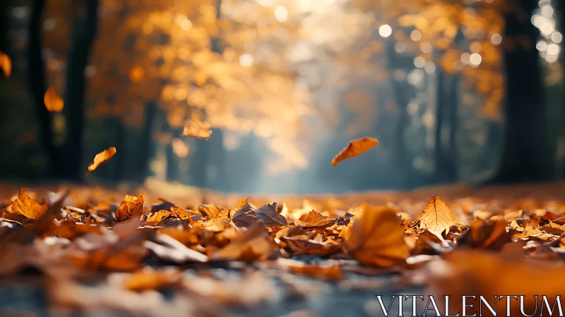 Fallen autumn leaves cover forest path in soft focus light