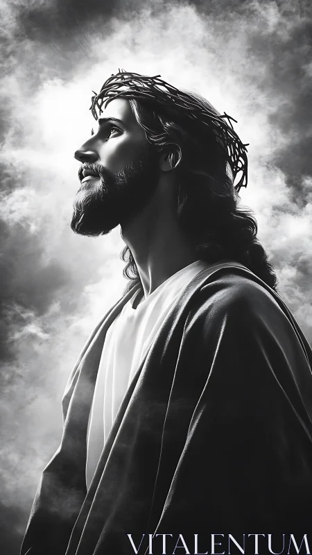 Radiant-robed savior gazes upward through stormlit clouds