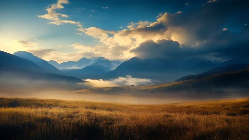 Golden mist over quiet valley and distant snowy peaks.