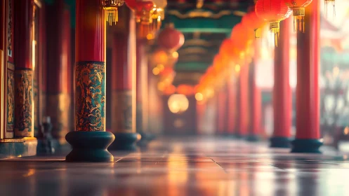 Ornate red temple colonnade with lantern-lit depth of field.