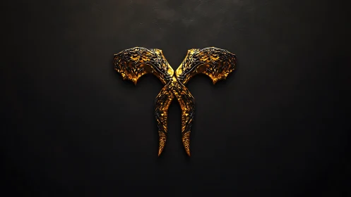 Golden demonic emblem over black minimalist background.
