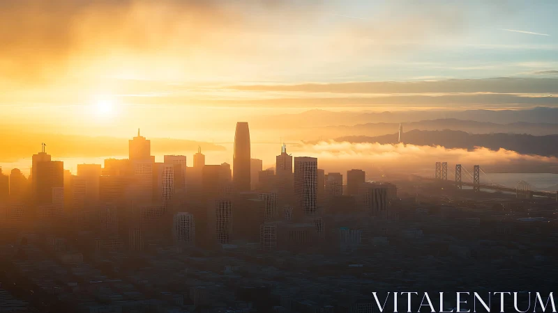 Sunlit skyline shows city high-rises in dense coastal haze