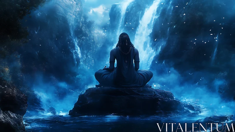 Solitary robed figure meditates before luminous twin waterfalls