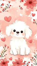 White cartoon puppy with floral and heart background illustration.
