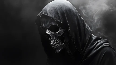 Hooded skeletal figure in misty shadow, eerie yet intriguing.