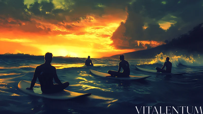 Surfers sit on boards watching intense sunset over ocean