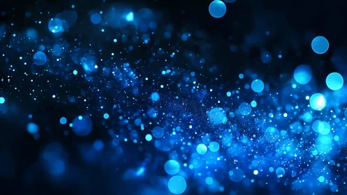 Blue bokeh particles drift through deep cosmic darkness.