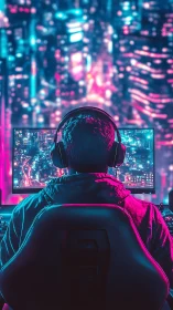 Gamer at neon city desk immersed in a glowing nightscape.