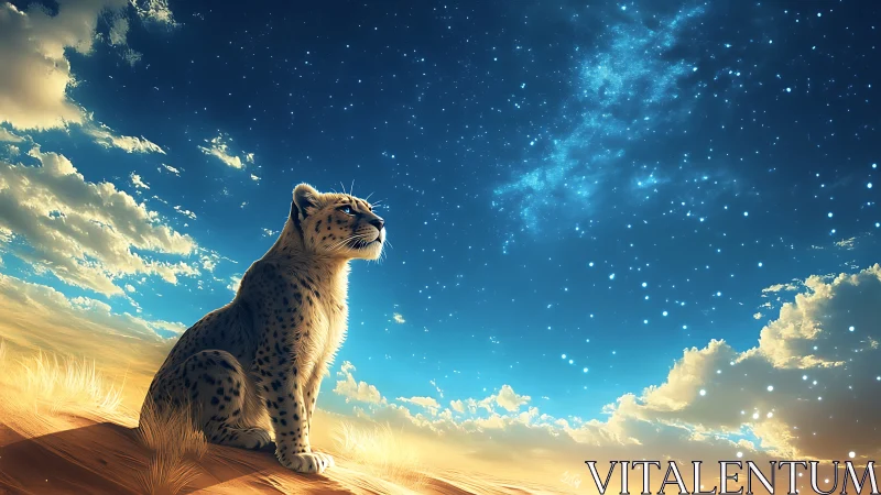 Snow Leopard Ascending Desert Dunes Under Cosmic Sky.