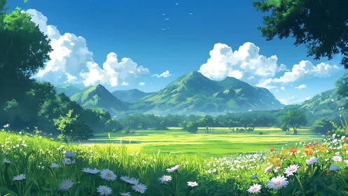 Sunlit valley meadow stretches below serene blue mountains.