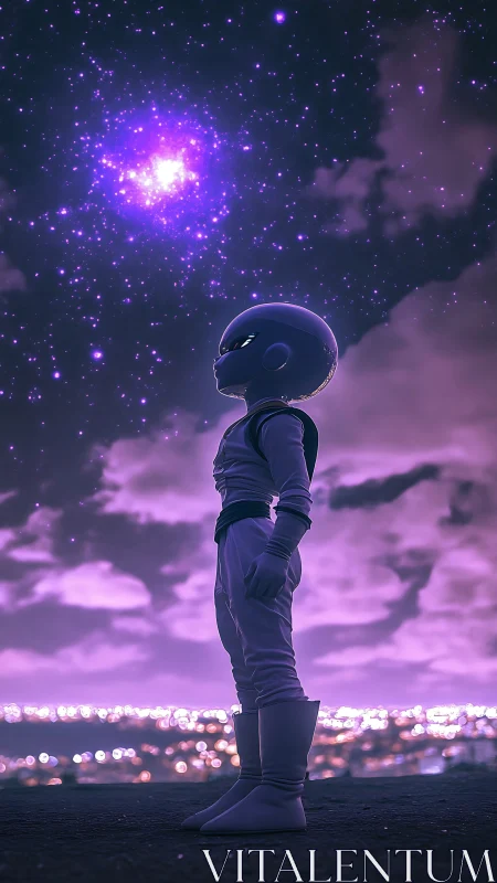 Helmeted child astronaut studies violet nebula skyline.