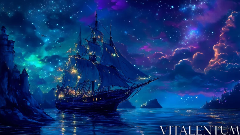 Dreamlit tall ship sailing under a glowing cosmic night sky.