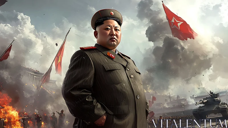 Military leader portrait amid war-torn battlefield spectacle