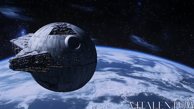 Starlit battle station glides calmly above a distant planet