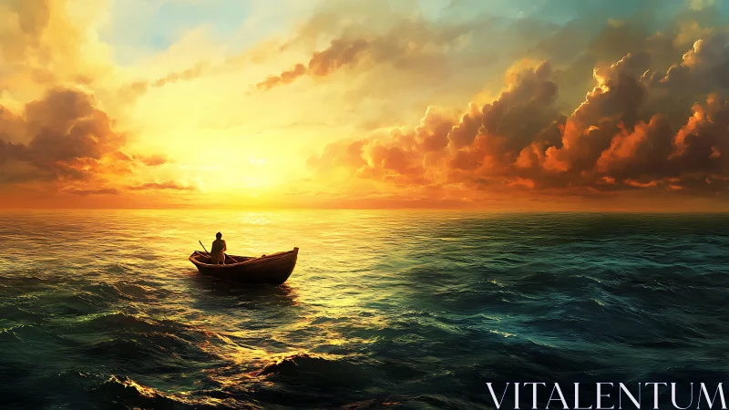 Solitary rowboat drinks in molten sunlight across the sea