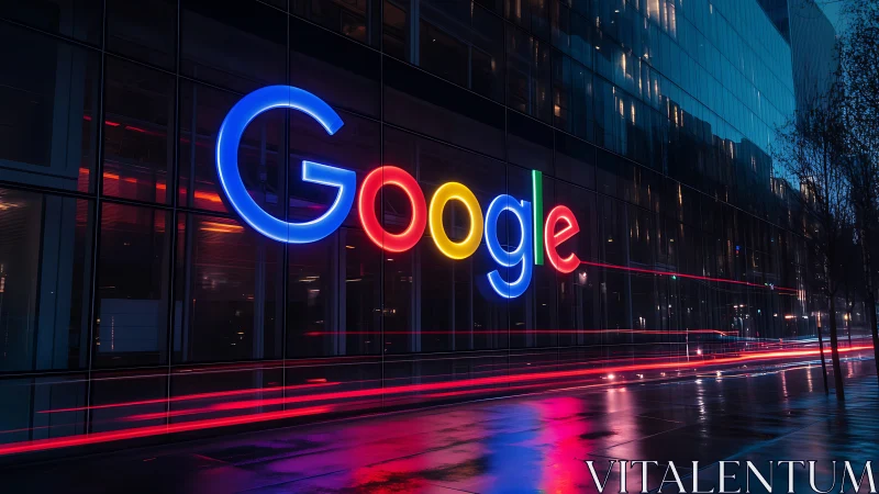 Google office facade shows illuminated logo at night