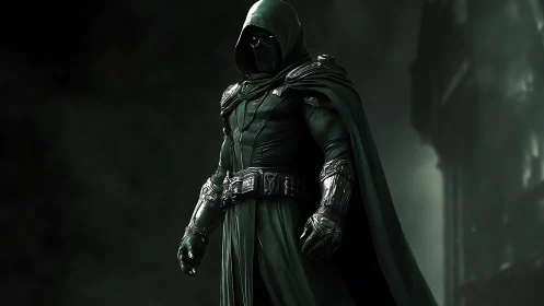 Hooded armored vigilante stands in cinematic low‑key lighting