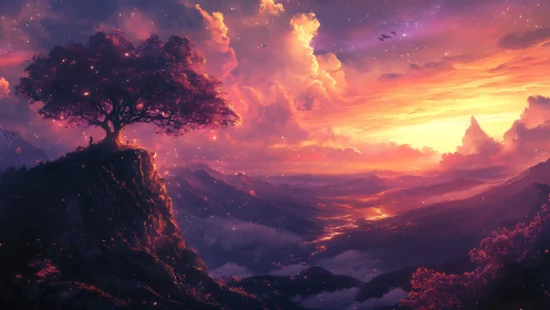 Solitary cliffside tree under radiant fantasy sunset sky.