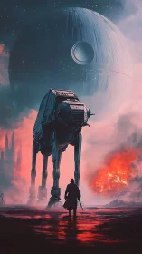 Cinematic sci-fi walker advances beneath colossal battle station