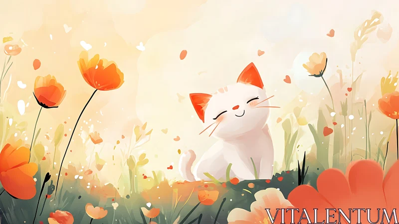 White Cat Among Red Poppies in Meadow Field