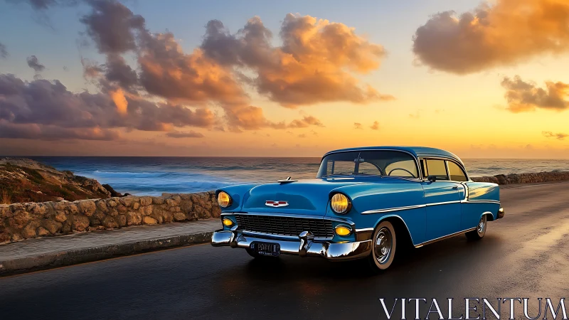 Sunset coastal cruise with a classic blue vintage car