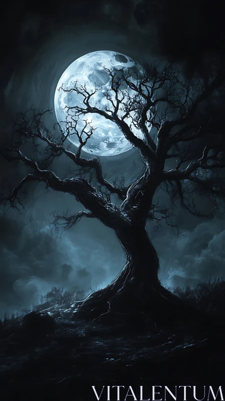 Gnarled moonlit tree silhouette framed against high-contrast blue lunar disc