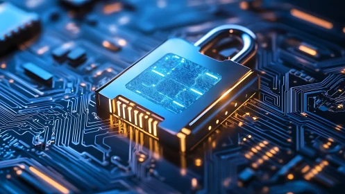 Quantum-encrypted padlock on luminous blue printed circuit