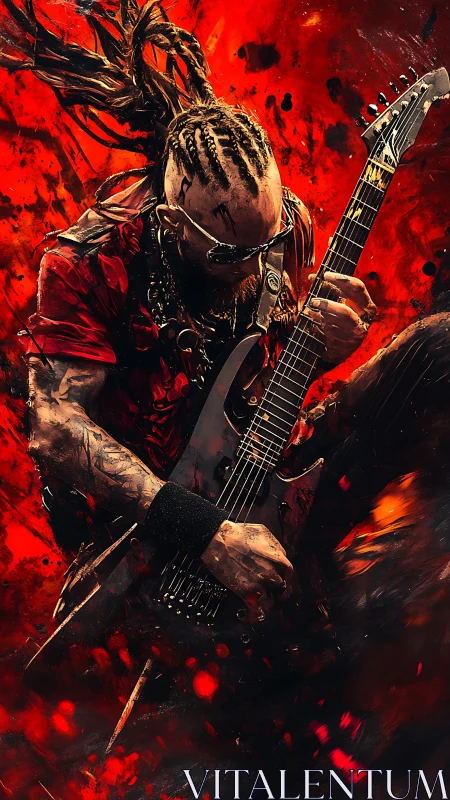 Fiery metal guitarist shreds amid explosive red stage energy
