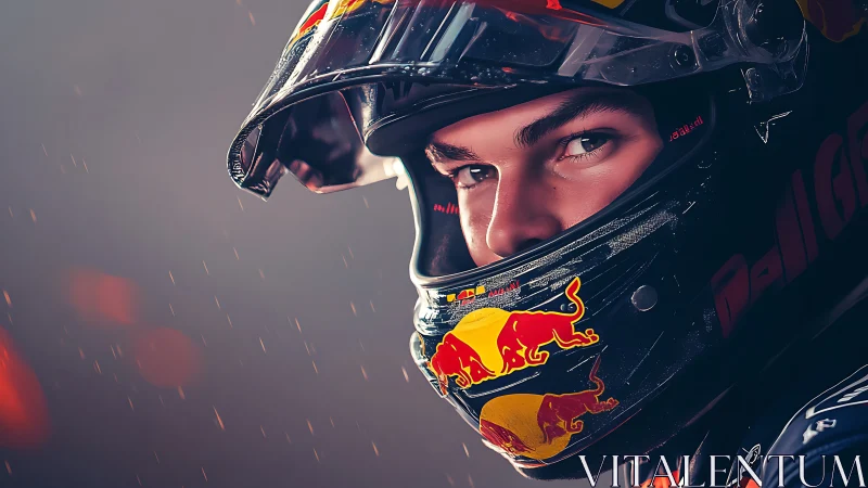 Close-up motorsport portrait with branded racing helmet visor