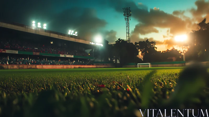 Floodlit football stadium field at dusk from ground level.