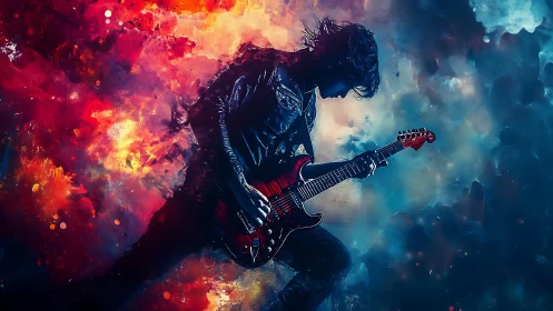 Explosive digital rock guitarist in fiery cosmic stage.