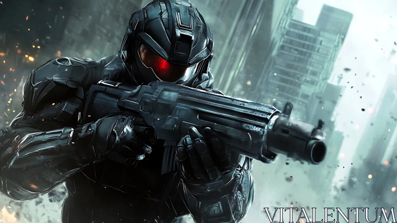 Focused female sci fi soldier aiming futuristic handgun.