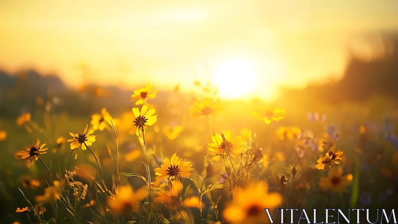 Golden wildflowers glow gently in the soft evening sunlight